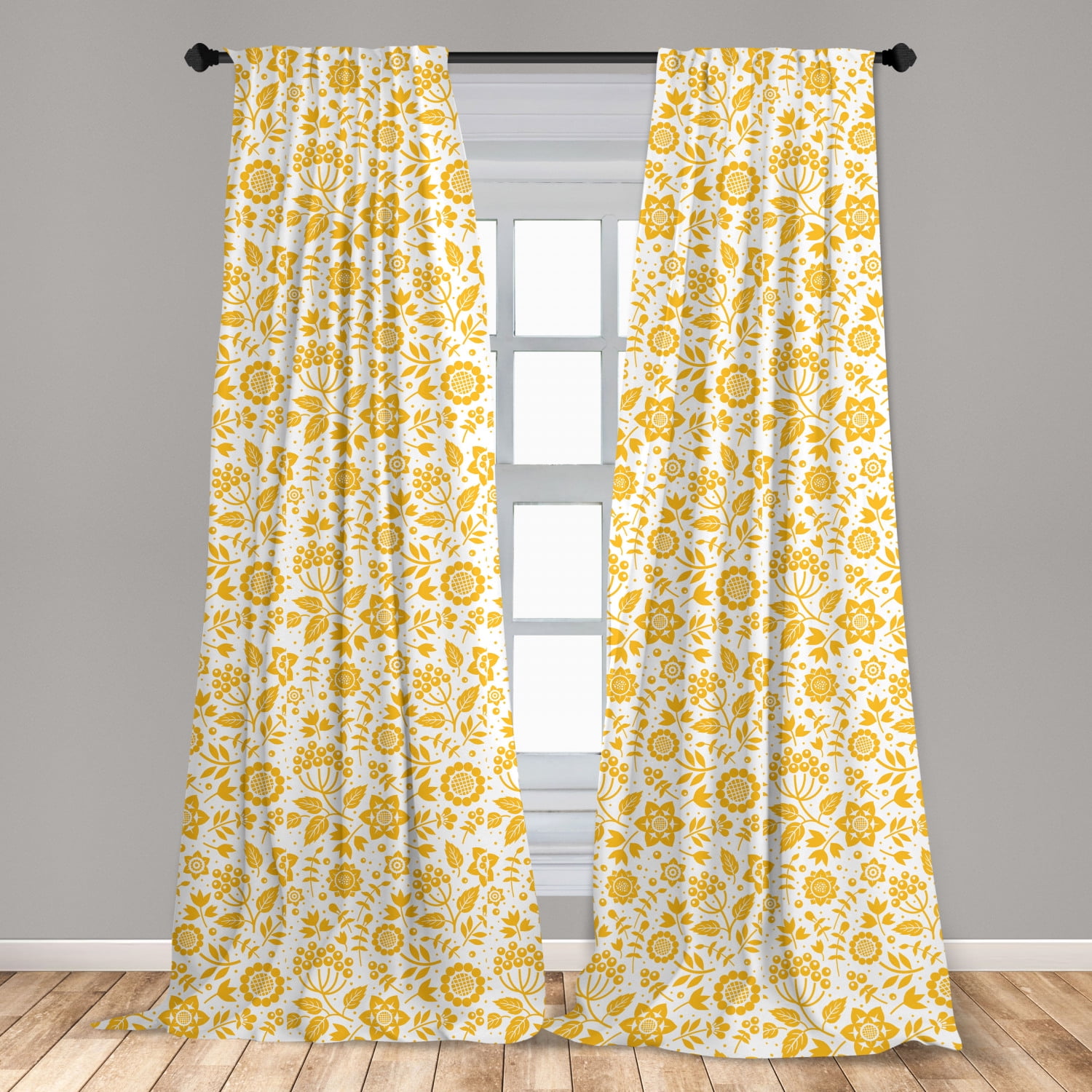 Yellow Flower Curtains 2 Panels Set, Rustic Composition with Berries
