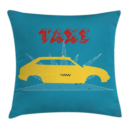Retro Throw Pillow Cushion Cover, An Old Cab Car with Grunge Taxi Typography Automobile 90s Graphic Design, Decorative Square Accent Pillow Case, 18 X 18 Inches, Petrol Blue Yellow, by (Best Japanese Cars Of The 90s)
