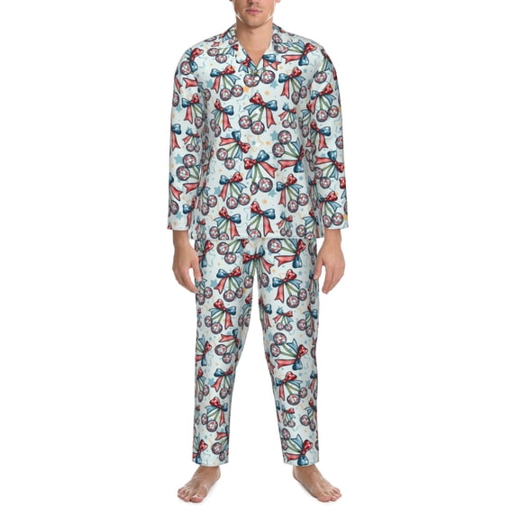 Mens Pajamas Set - Disco Ball Berry With Bow Comfy Long Sleeve Button Up Pajama Sets for Men 2 Piece, Soft Sleepwear Nightwear Pjs Lounge Sets for Men with Pockets