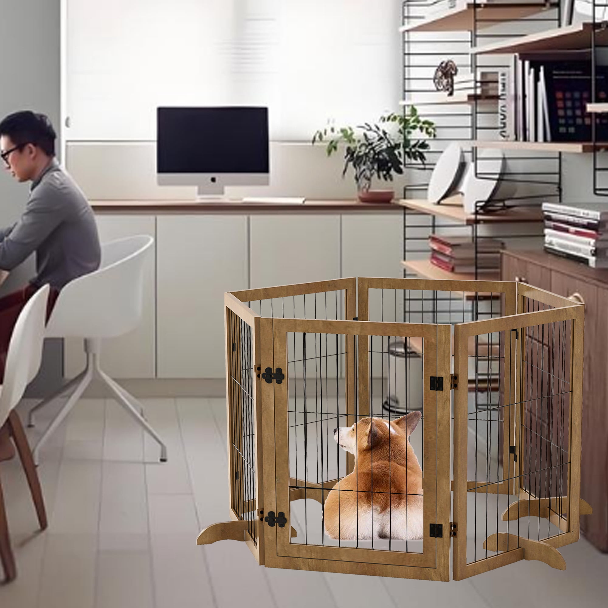 Dog Gate 144" Wide 32" Tall with Door Walk Through 6 Panels Reinforced Foldable Wood Pet Puppy Gate Door Safety Fence Barrier for House Doorway Stairs Dog Cage Playpen