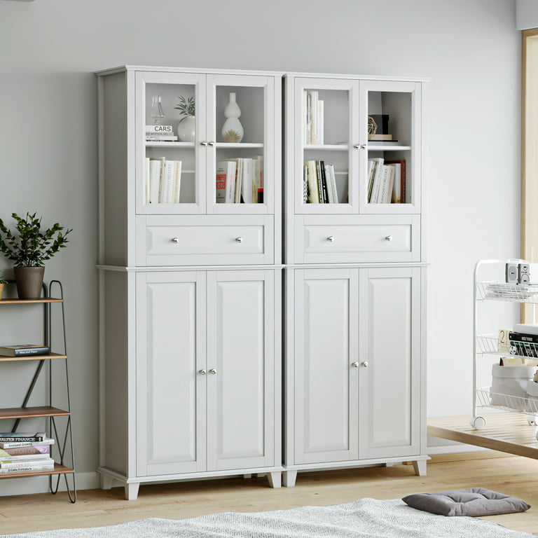 Homfa Tall Kitchen Pantry with 2 Glass Doors, Large Drawer Storage Cabinet  with Adjustable Shelves for Dining Room Living Room, White