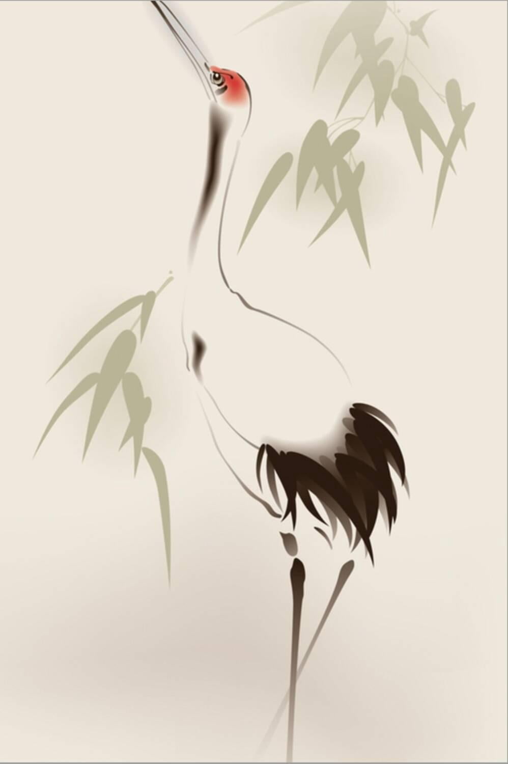 Art.com Oriental Style Painting, Red-Crowned Crane Stretched Canvas Print Wall Art by ori-artiste, 24" x 36"
