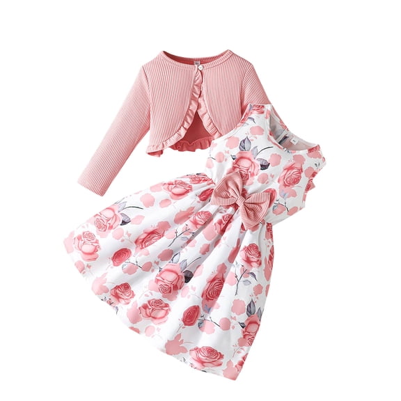 SERTG Girls Solid Knit Cardigan Tops and Floral Print Sleeveless Dress 2-Piece Set Spring Summer Casual Skirt Outfit for Kids(Pink#2,10-11 Years)