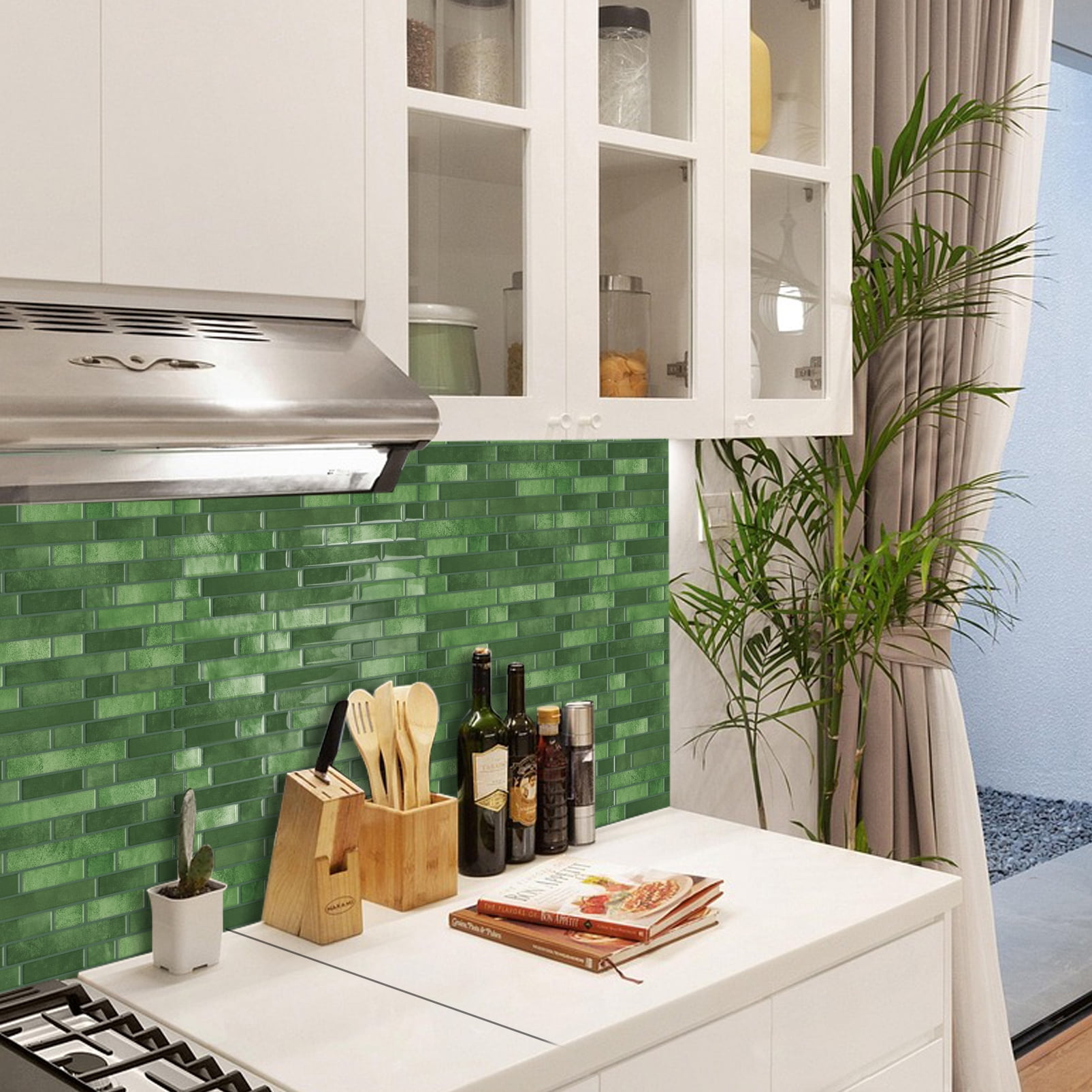 DEWOO Thick Kitchen Peel and Stick Tile Backsplash, Stick on Wall Tiles, 12"x12" Self Adhesive Sticky 3D Wall Marble Tiles Bathroom (10-Sheet，Green)