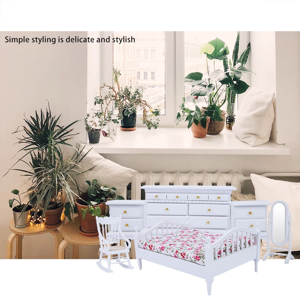 1 12 Dollhouse Bedroom Furniture Set 6pcs Mini Wooden White Bedroom Furniture Set Children s Bedroom Set Baby Kids Play Pretend Toy White