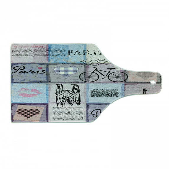 Paris Cutting Board, Grunge Textured Retro Collage of France Famous Object Eiffel Tower Europe Theme, Decorative Tempered Glass Cutting and Serving Board, Wine Bottle Shape, Multicolor, by Ambesonne