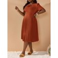thumbnail image 6 of Plus Size Women's Solid Color Short Puff Sleeve Pleated Hem Dress Coffee Brown Casual Dress, 6 of 13