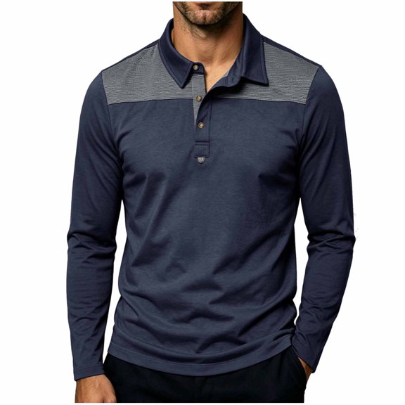 Kvture Fall Tops for Men Casual Stylish Color Block Long Sleeve Lapel Collar Button up Shirts for Business Office Work Golf Navy Pullover XL