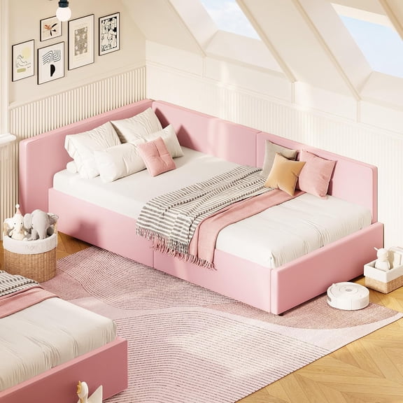 Daybed with Extended Headboard and Guardrails, Velvet Upholstered Corner Bed Frame with Bed Rails, Adjustable Configuration, for Bedroom or Guest Room,Light Pink