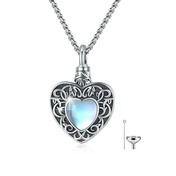 Cuoka Always in My Heart Urn Necklace 925 Sterling Silver Urn for Ashes Heart Pendant Necklaces for Grandma Grandpa Dog Cat Ashes Memorial Jewelry Moonstone Gifts