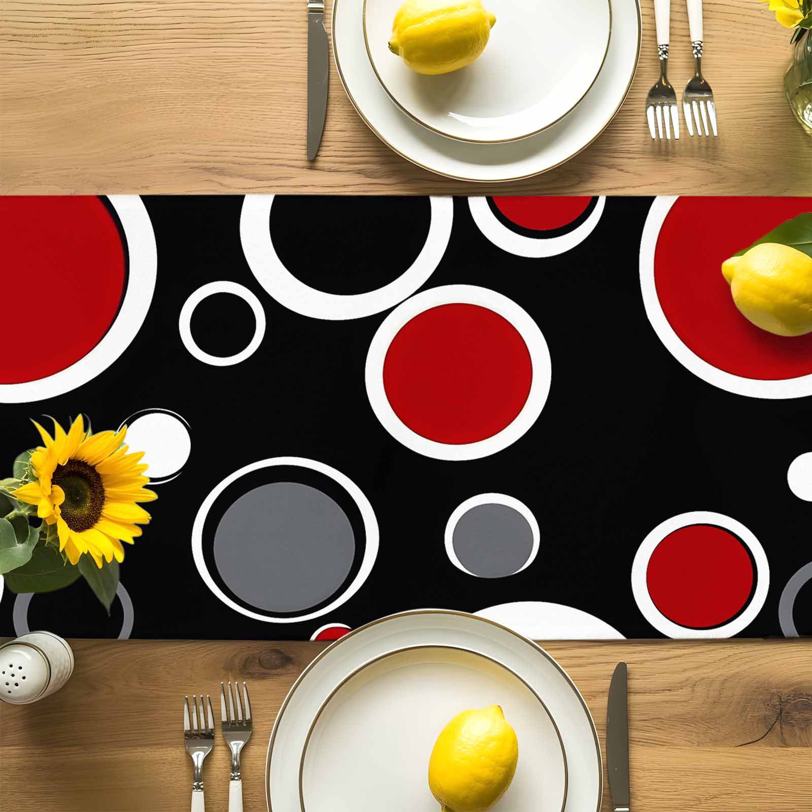 Abstract Red Black Circle Table Runner 90 Inches Long, Color Block on Black Table Runners Tabletop Scarf Kitchen Dining Tables Decoration for Home Party Indoor Outdoor