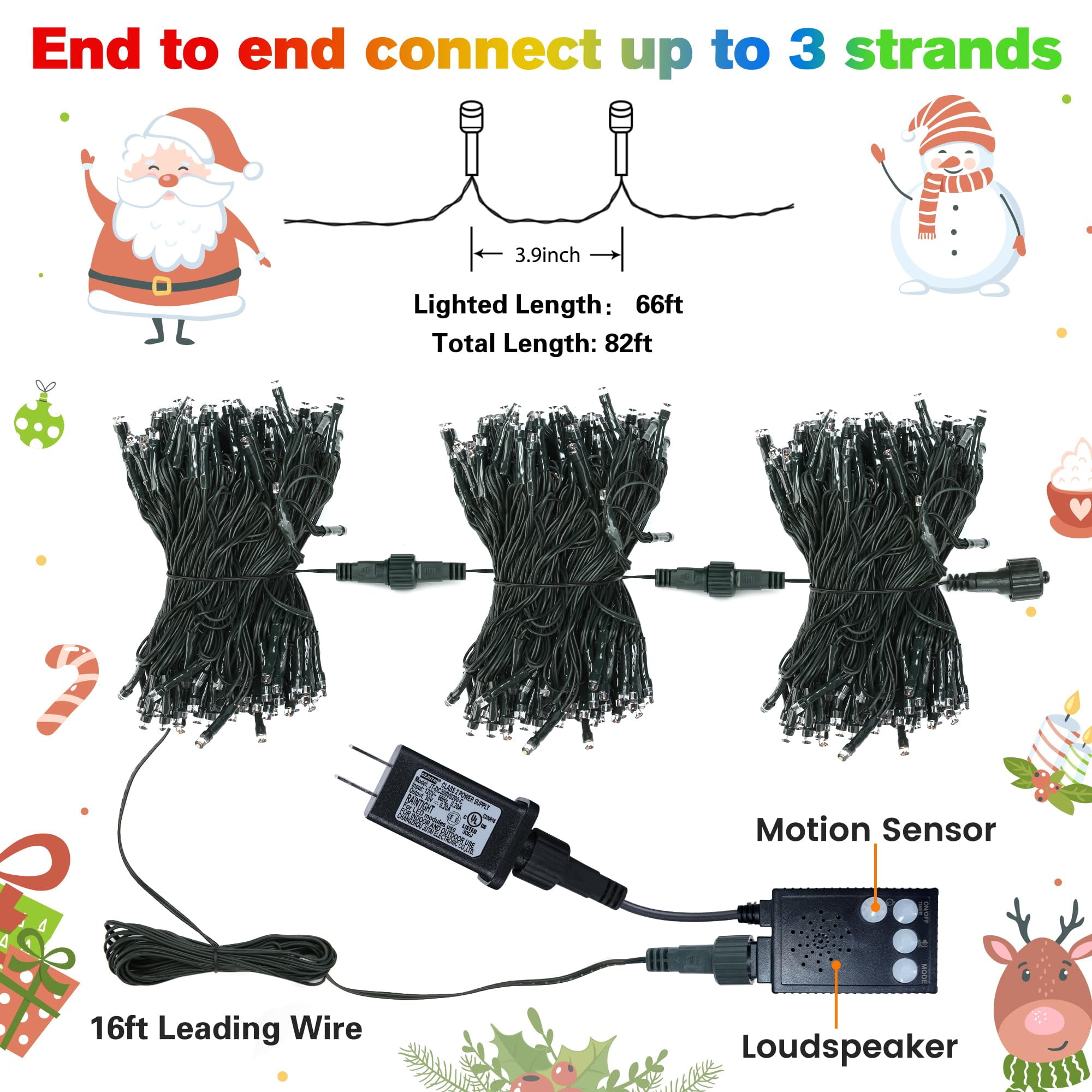 Christmas Lights Outdoor, 82ft 200 LED Christmas String Lights with Music, Plug in Motion Sensor Waterproof Holiday String Light for Indoor Outdoor Home Party Tree Yard Decor
