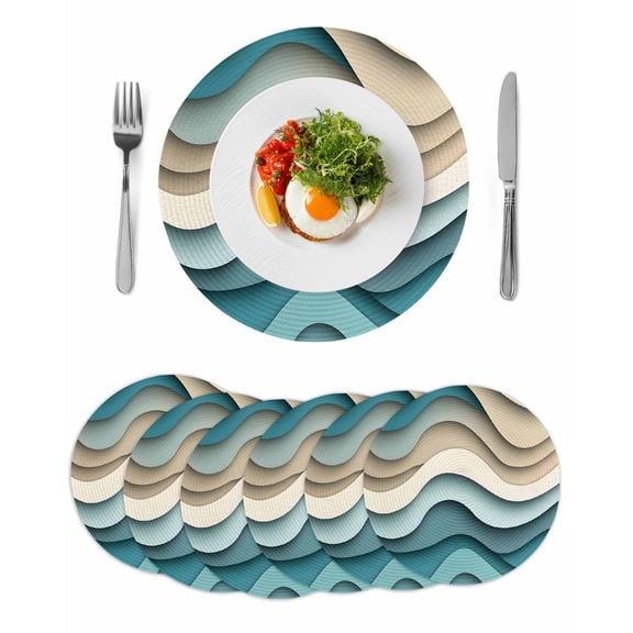 Teal Beige Ombre Round Placemats Set of 6 for Dinning Tables,Heat-proof Braided Table Mats 15 Inch,Moire Modern Abstract Art Geometric Washable Place Mat for Kitchen Restaurant Party Table Decor
