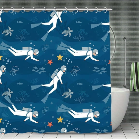 Deep Sea Divers Print Shower Curtain,Modern Fabric Waterproof Shower Curtain Set with Hooks 70.8×70.8Inch (180×180cm)