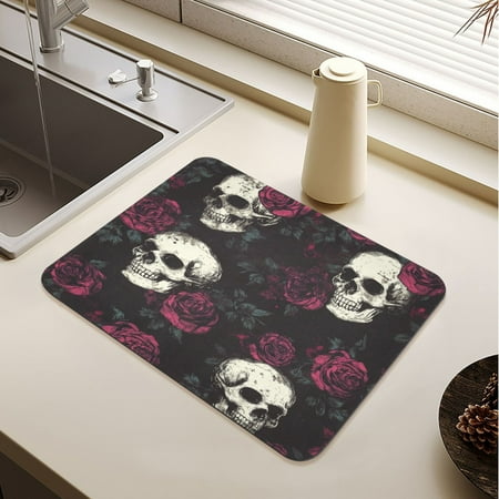 

Skull Burgundy Roses Pattern Drying Mat Diatomaceous Earth Super Absorbent Non-slip Rubber Sole Heat Resistant 230 Degrees Fahrenheit 15.7×11.8in