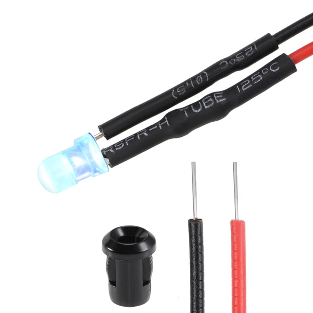 Juego de 5 LEDs preconectados de 3 mm a 12V con soporte, luz azul, lente redonda clara, montaje en panel de 6 mm