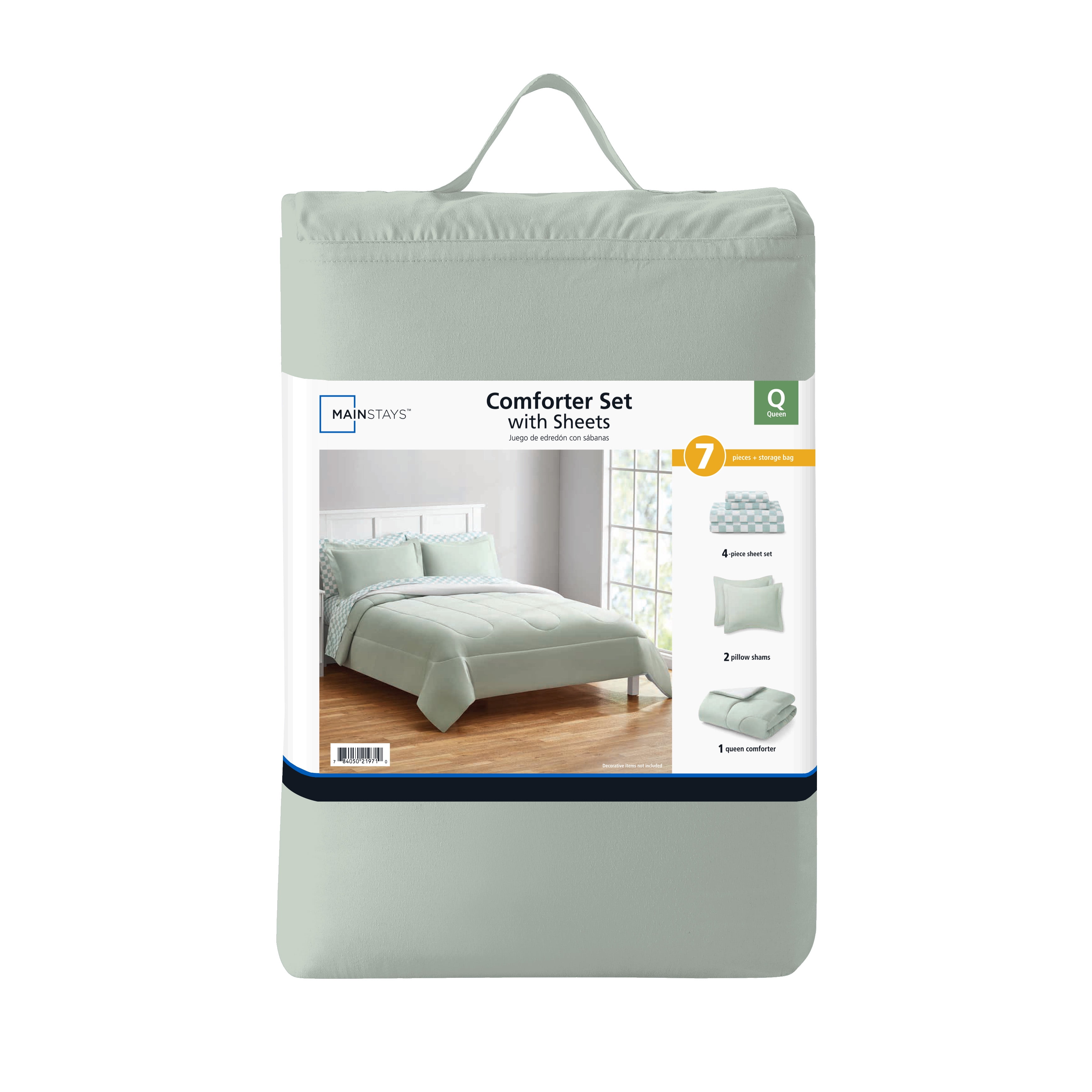 Mainstays 7-Piece Reversible Bed in a Bag Comforter Set with Sheets, Sage, Queen