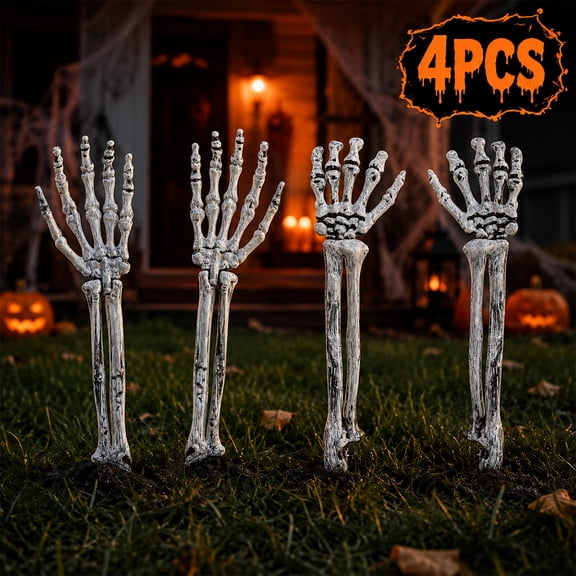 Outdoor Halloween Skeleton Hands Stakes, Breaking Ground Skeleton Hands for Halloween Party Front Yard Garden Lawn Decor, 2 Pair