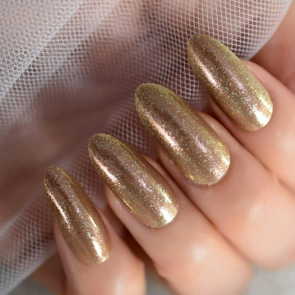 Golden Press On Nails Long Stiletto Glitter Shiny Shimmer Sunshine Sexy Fancy Gorgeous Faux Ongles 24pcs