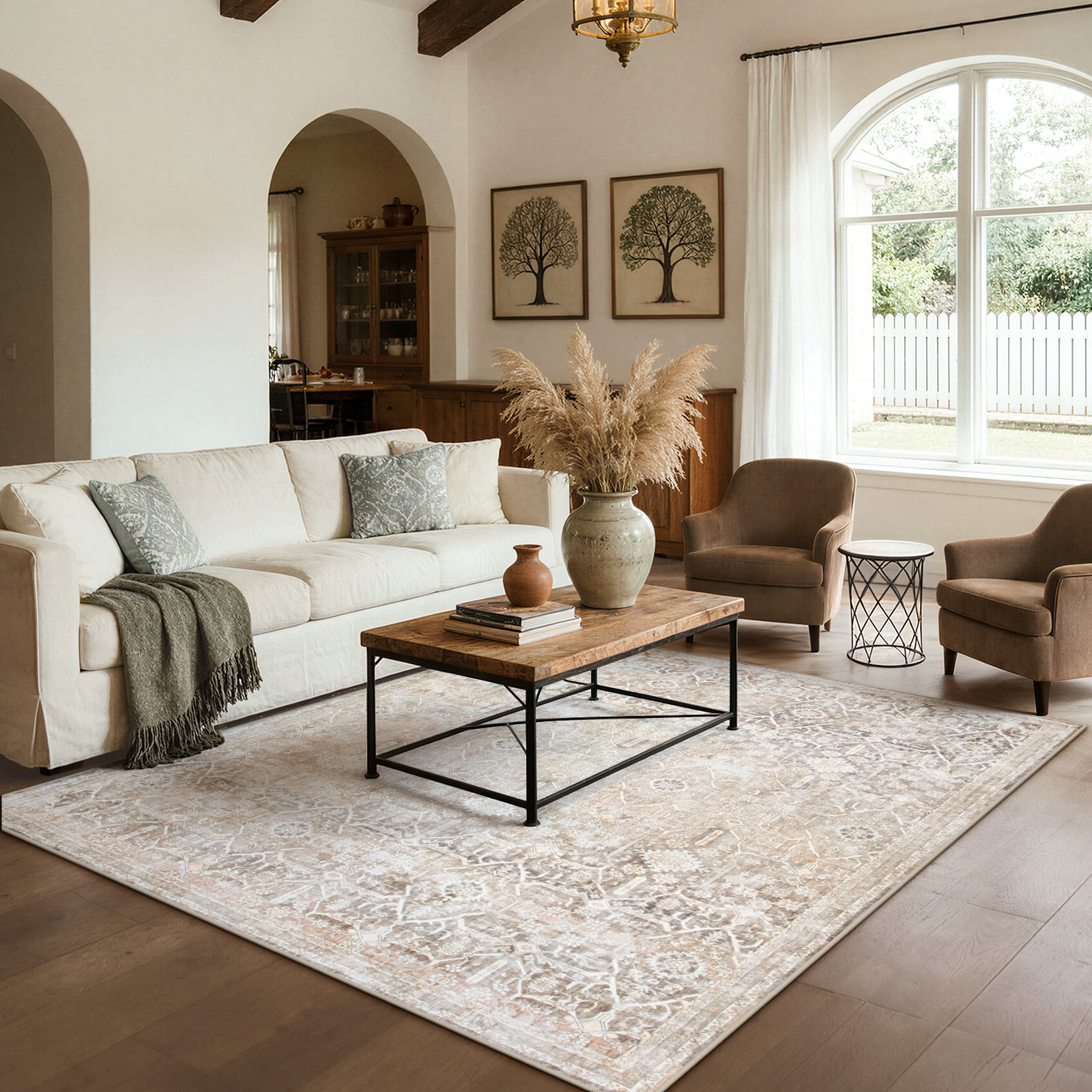 Lahome Area Rug for Living Room 5'x7', Machine Washable Neutral Farmhouse Rugs for Bedroom, Soft Non-Slip Low Pile Indoor Floor Accent Carpet for Office Entryway Nursery Dining Room - Beige