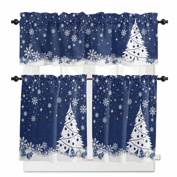 Navy Blue Christmas Kitchen Curtains and Valances Set, White Christmas Tree Xmas Ball Snowflakes Rod Pocket Window Valance Window Curtain Panels for Living Room Bedroom Laundry, 27.5x36in, 3 Pieces
