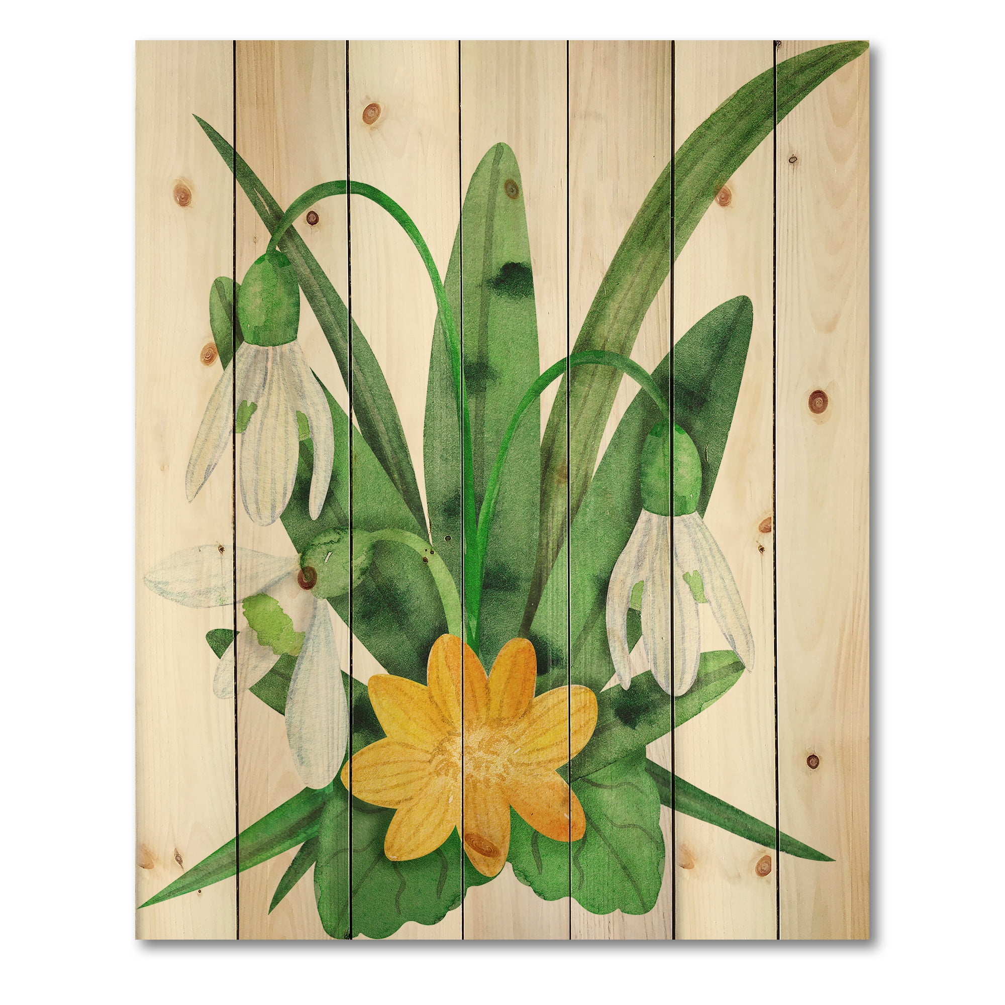 Designart 'Snowdrops and Yellow Erantis VIntage Flowers' Traditional Print on Natural Pine Wood