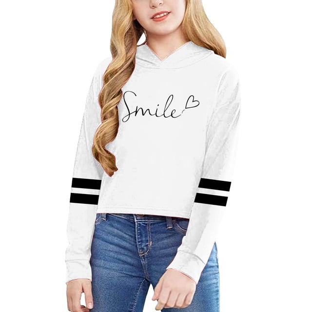 GDREDA Spring Sweatshirt Children Girls Long Sleeve Letters Solid Color Short Hoodie Hoodie Top For Large Children White,12-13 Years