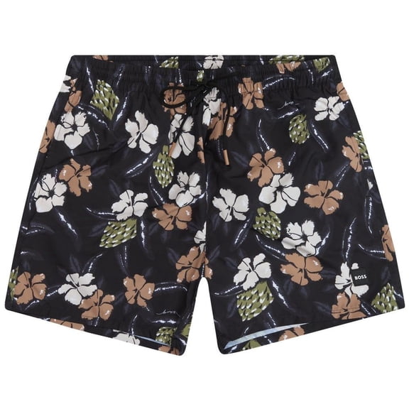 Hugo Boss Men's Pirahna Floral Print Swim Trunks, Black, Large