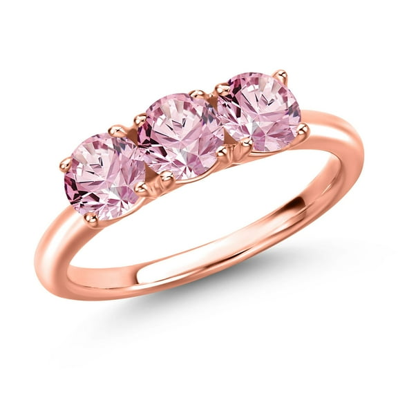 Gem Stone King 18K Rose Gold Plated Silver Pink Lab Grown Diamond 3-Stone Engagement Ring for Women | 1.50 Cttw | Round 5MM | Gemstone April Birthstone (Size 9)
