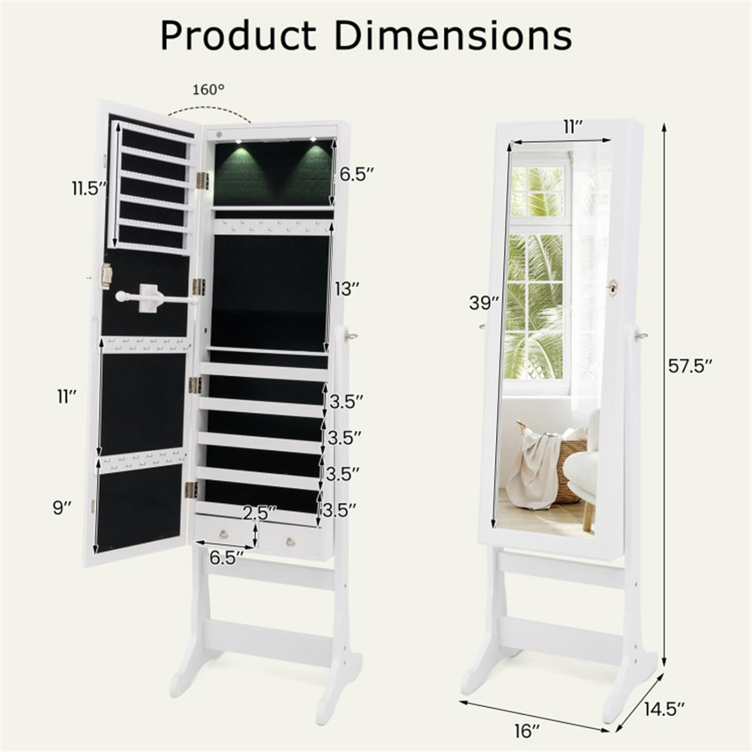 Demi Bonn Freestanding Rolling Floor Standing Jewelry Armoire with Full-Length Mirror and Lights, Lockable Makeup Storage Organizer, White