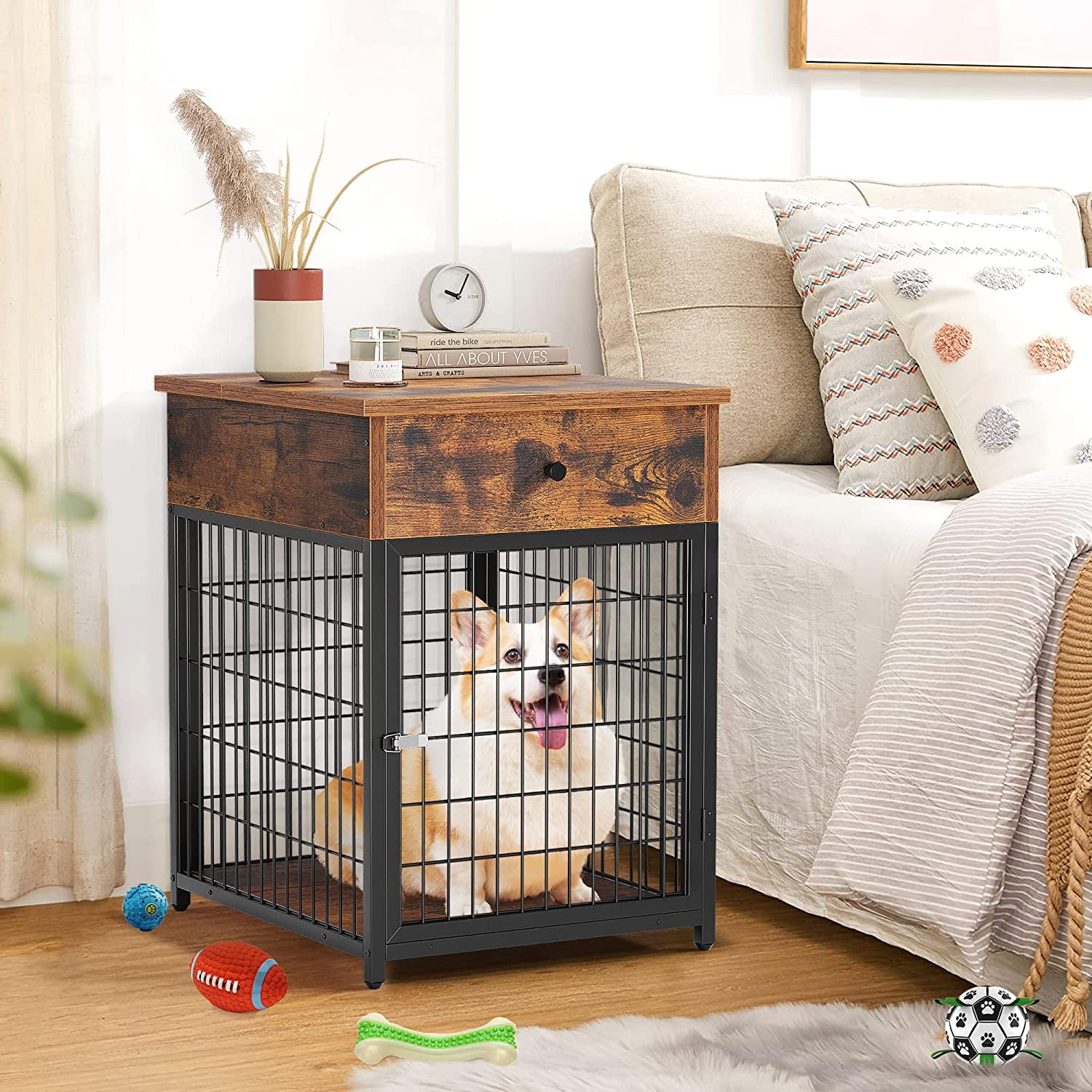 Includes Modhaus Living Pen Contemporary End Table Pet Crate and Kennel with Stainless Steel Spindles Medium, Gray 