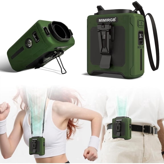 2026 Portable Rechargeable Waist Fan, 5-Speed 6000RPM Strong Airflow with Flashlight, Hands-Free Wearable Belt & Neck Fan, Up to 20H Runtime for Camping, Outdoor Work, Jobsite, Hiking Travel - Green