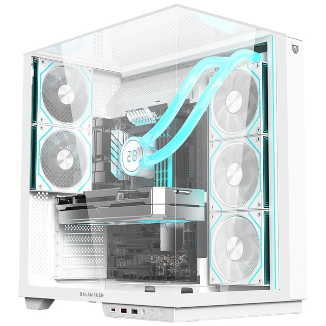 Gabinete Gamer BALAM RUSH TANK MAJESTIC 7600 ATX Media Torre 5 Fan Panel Cristal Templado USB-C ARGB Blanco BR-941501