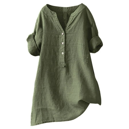 Clearance Sales Today Deals Prime Womens Summer Loose Button Tops Solid Color Stand Collar Medium Sleeve Casual Blouses for Women