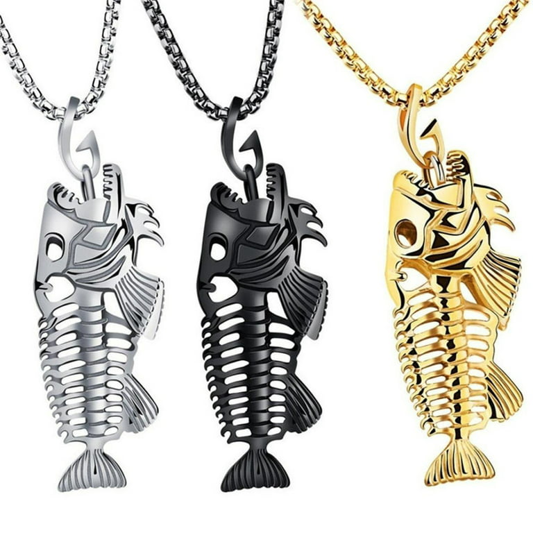 Punk Retro Fish Bone Pendant Necklace for Women Men Fishing Hook