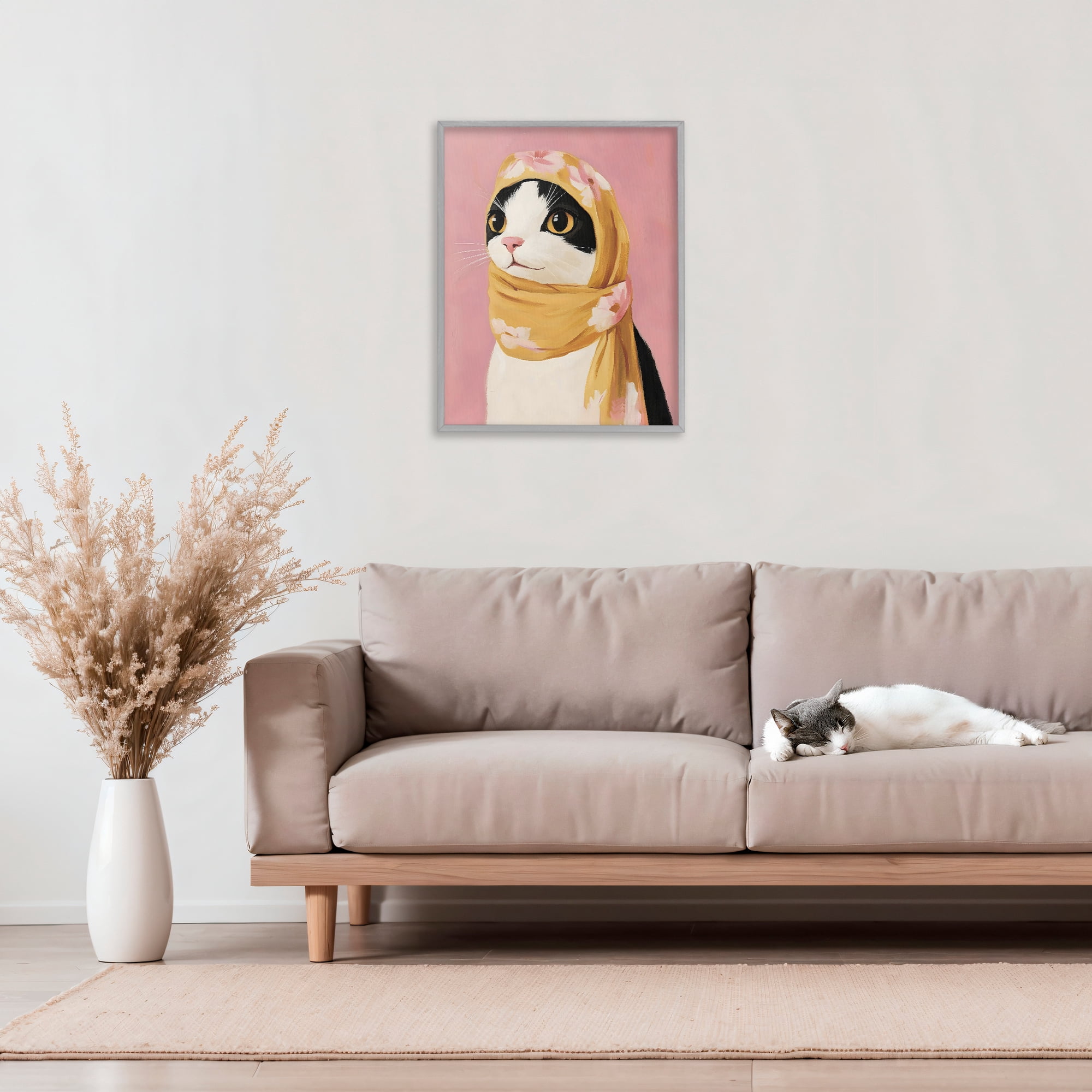 Stupell Industries Cat Babushka in Yellow Scarf Gray Framed Giclee Art, design by The Prints Vibe