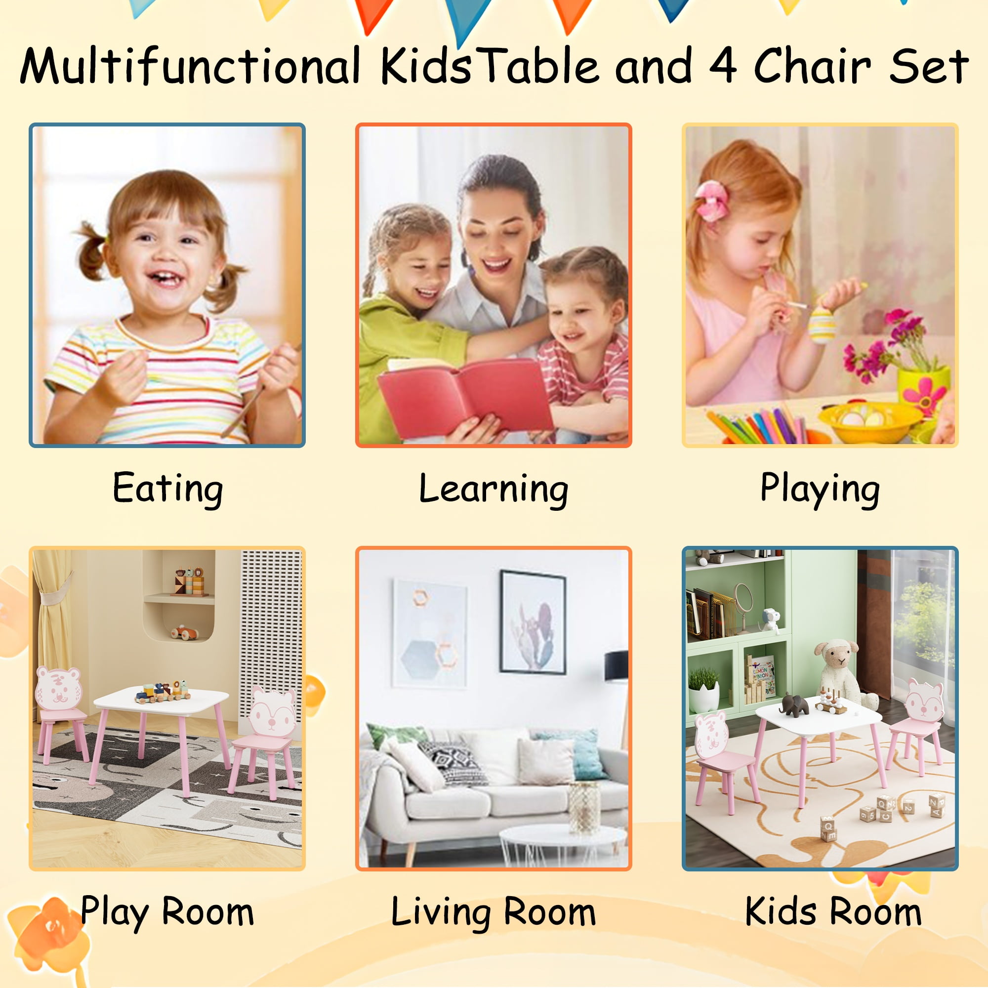 Table and 2 Chairs for Kids 2-5, SHINPT Baby Table and Chair Set, 3 Pieces Toddler Play Table, Kids Art Table and Chair Set for Game Room, Children's Room, Wooden Activity Play Table Set for Gift