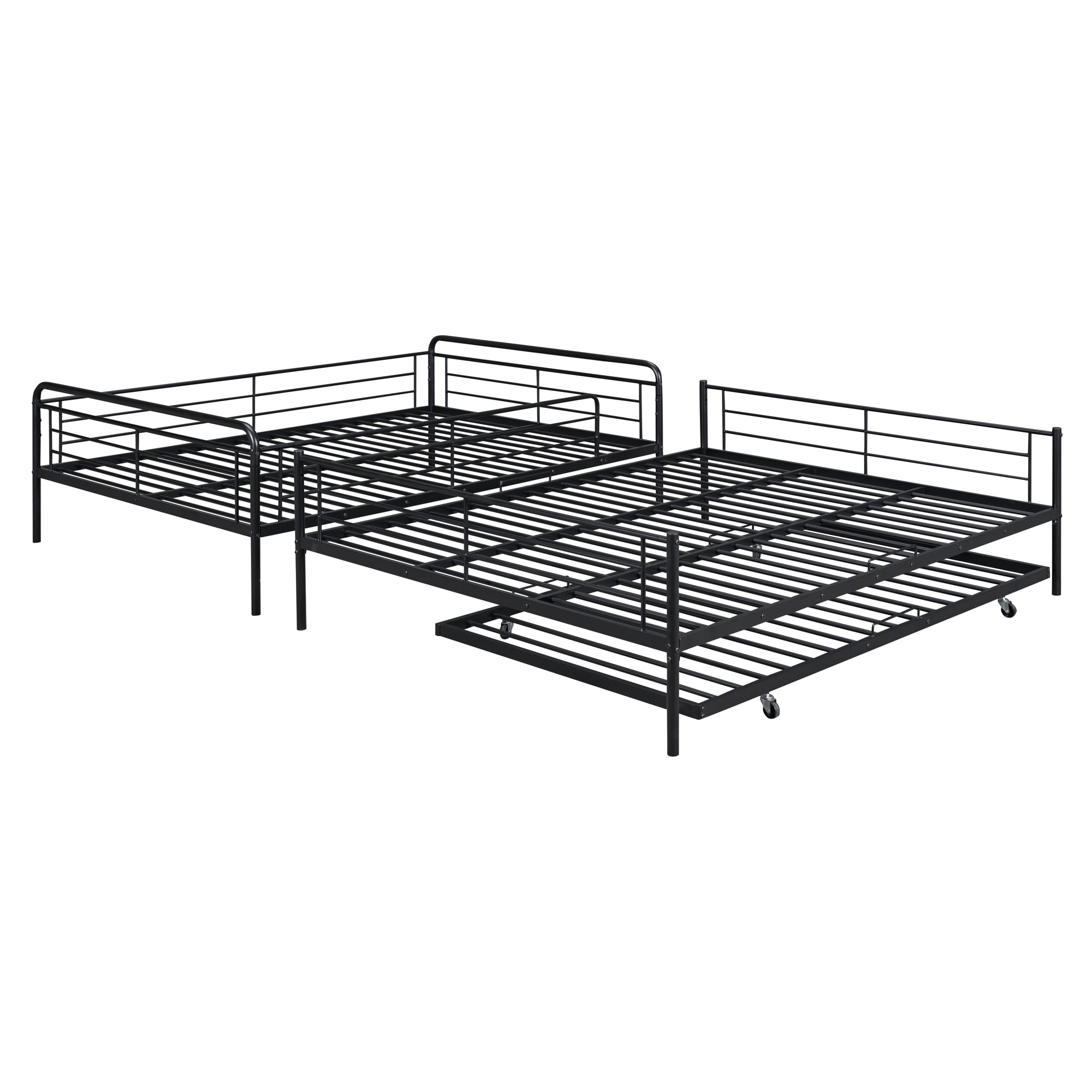 MAYEERTY Full XL Over Queen Metal Bunk Bed Frame with Twin Size Trundle for Kids and Adults, with Full-Length Guardrail, Black