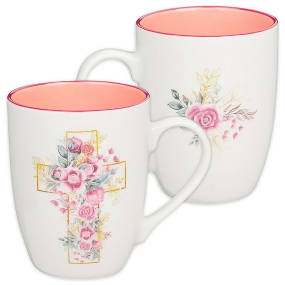 Christian Art Gifts Encouraging Ceramic Coffee & Tea Mug for Women: Rosy Pink Floral Cross, Microwave & Dishwasher Safe Cup, Cute Lead-free Inspirational Encouraging Novelty Drinkware, White, 12 oz.