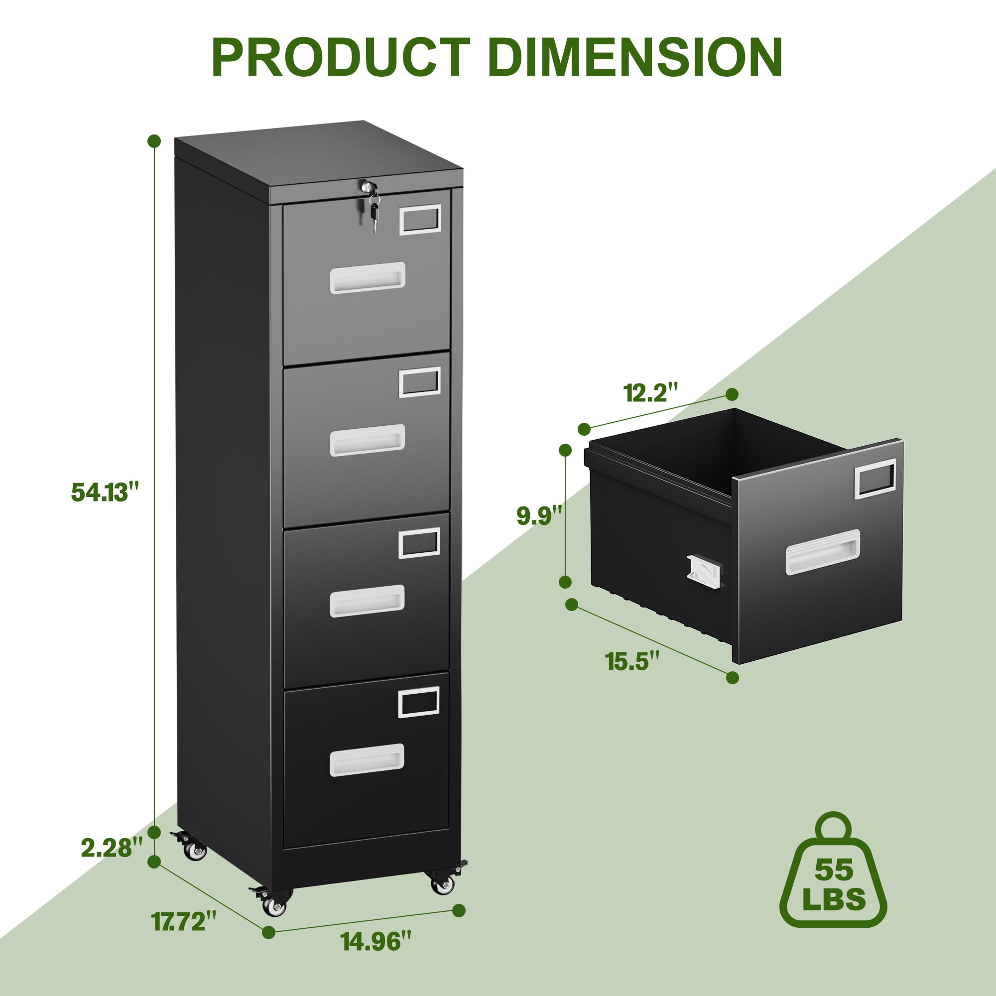 Aobabo 4 Drawer File Cabinet with wheels, Metal Vertical File Storage Cabinet with Lock, Office Home Steel Vertical File Cabinet for A4 Letter /Legal Size Assembly Required (Black)