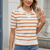Byworldtasic Women's Collared Shirt Women Short Sleeve Polo Sweater V Neck Knitted Tops Casual Ribbed Shirt Loose Pullover Sweater Orange