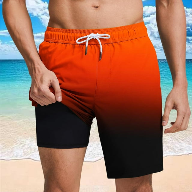 Xysaqa Mens Swim Trunks with Compression Liner 2 in 1 Bathing Suit Gradient Color Summer Beach Shorts Swimsuit Swim Shorts with Pockets S-3X Summer Savings