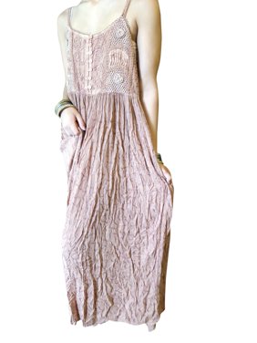 Mogul Women Maxi Dress, Bohemian Summer Beach Fashion Stonewashed Rayon Embroidered Strapy Dresses L/XL