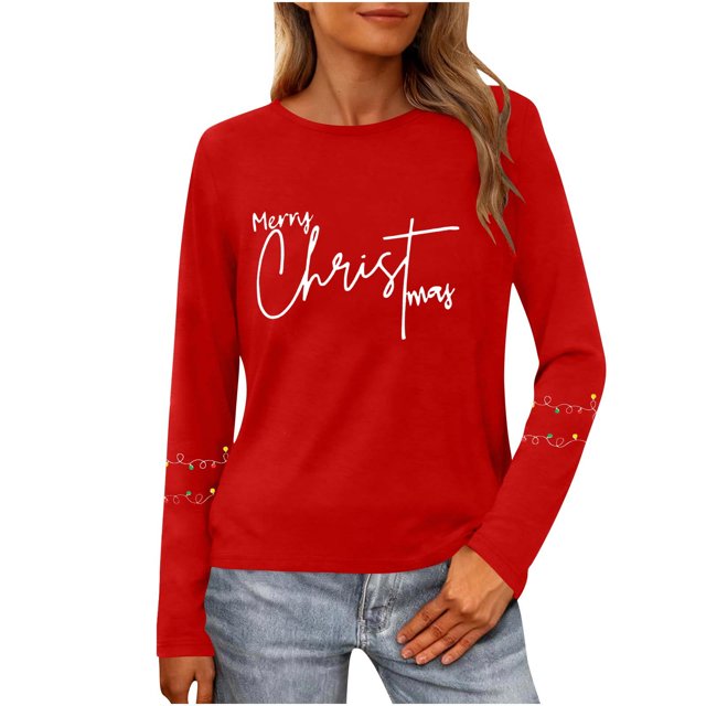 Birdeem T-Shirt à Manches Longues à Col Rond Imprimé « Merry Noël » pour Femmes, Haut de Travail