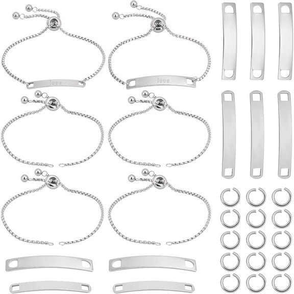 6Sets Engravable Bracelets DIY Kit Including Rectangle Engravable Blank Tags Links Connectors 24cm Stainless Steel Adjustable Slider Bracelet 4mm Jump Rings