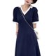 thumbnail image 2 of Vestido de mujer con cuello en V, cintura fruncida, manga corta, vestido elegante simple para ir al trabajo, cena, azul marino, largo L, 2 of 14