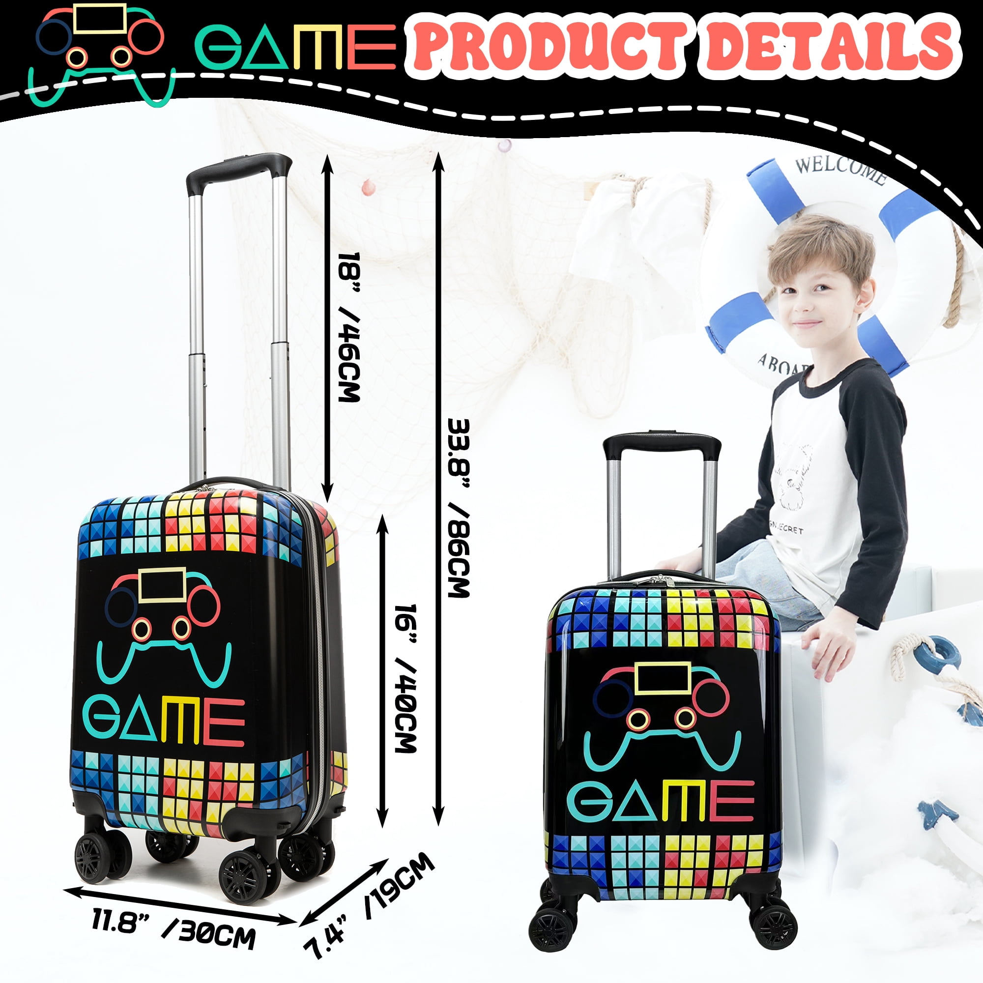 Kids Carry on Luggage Sets with Neck Pillow Airplane Small Hardshell Kids' Suitcases for Boys with Wheels Travel Essentials for Kids 16 Inch Black Suitcase