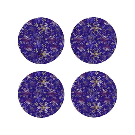 

Junzan blue purple Snowflake Print Coasters for Drinks - Leather Coasters Set of 4 for Coffee Table for Housewarming/Kitchen/Bar/Decor-Round Shape