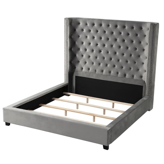 Yvonne Velvet Upholstered Cali King Platform Bed in Gray