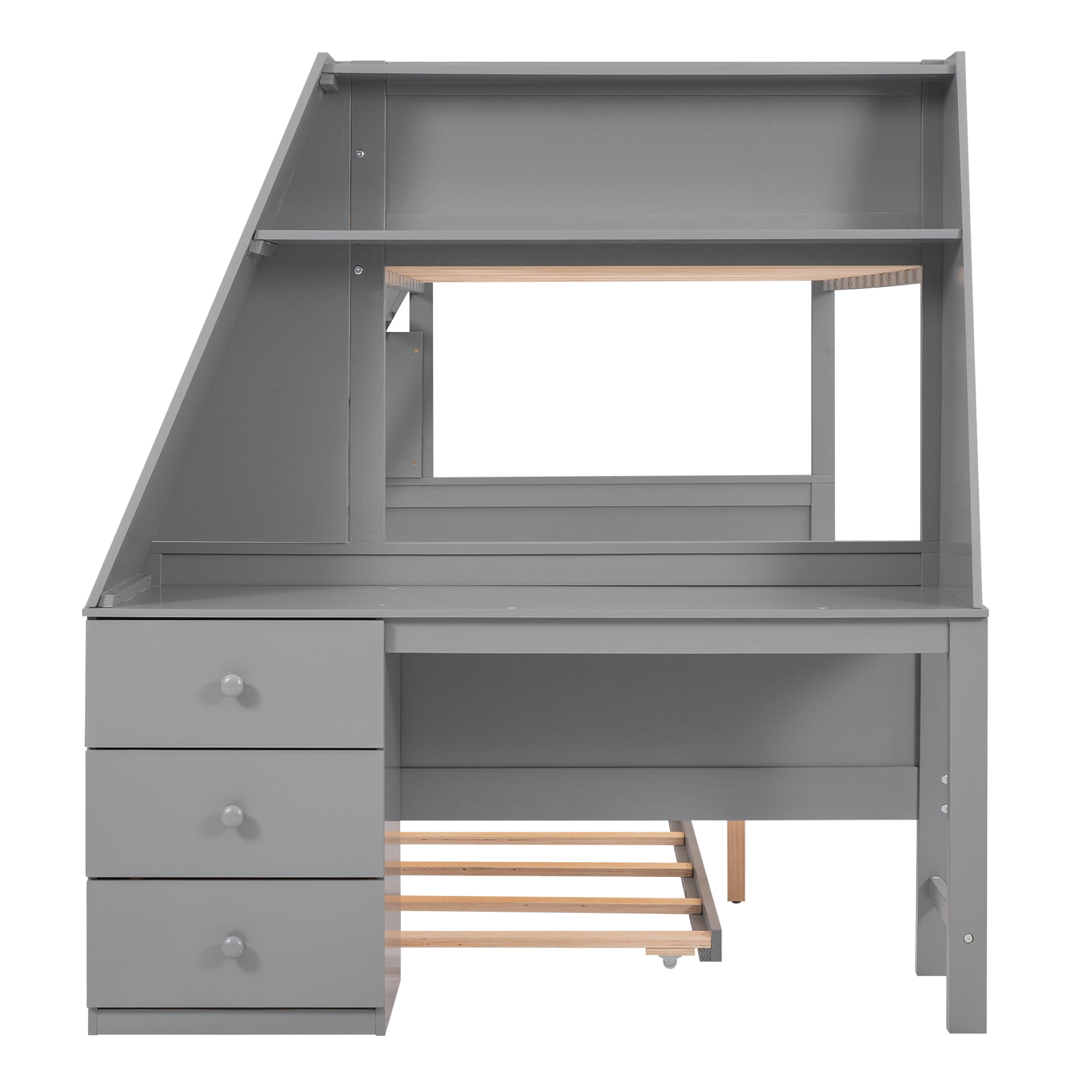EUROCO Wood Twin over Full Bunk Bed with Twin Trundle, Built-in Desk with Shelf and 3 Drawers for Kids Teens Adults, 3-in-1 Beds, Gray